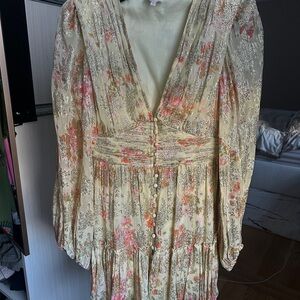 HEMANT & NANDITA Floral Long Sleeve Dress in Cream and Pink